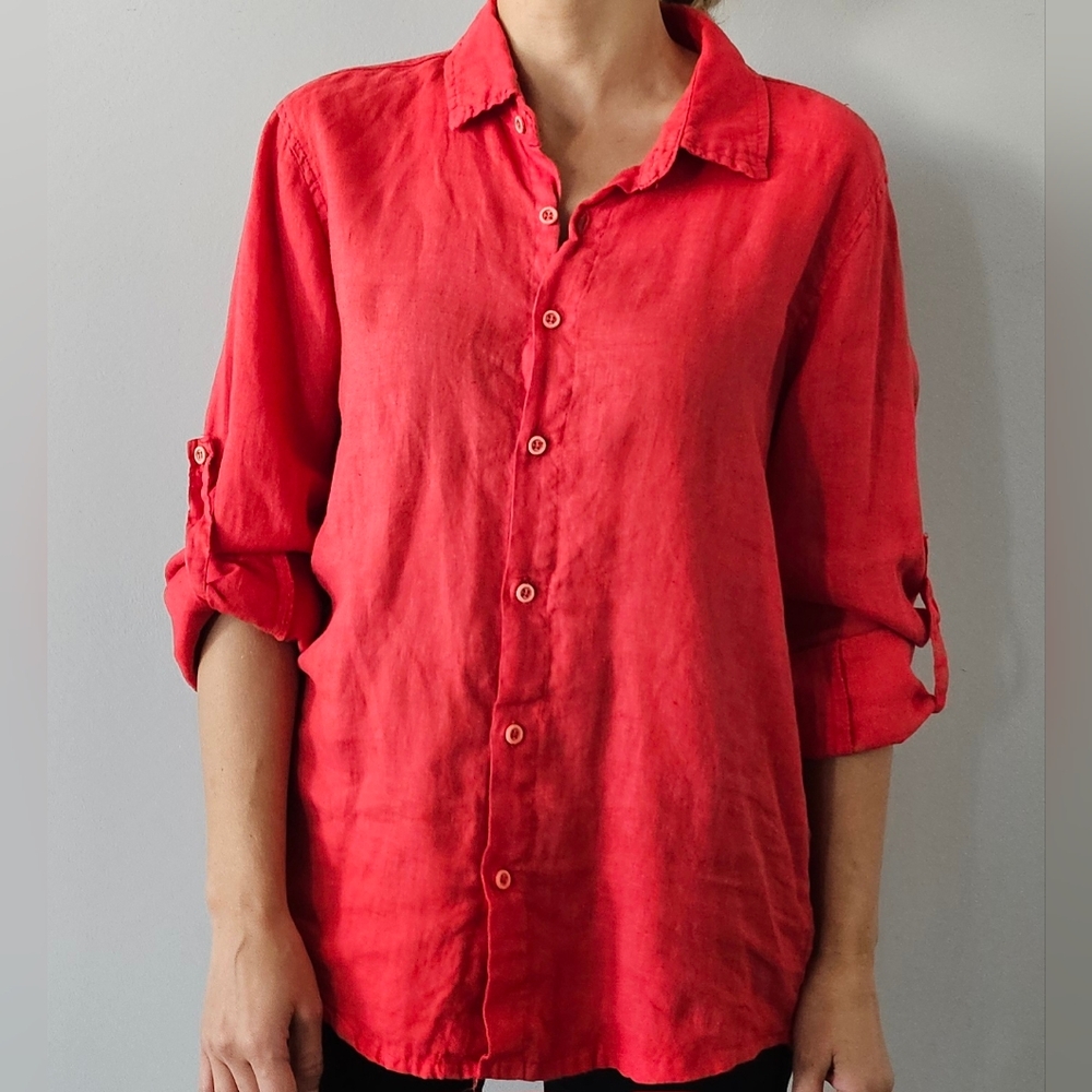 Alfonso Home Womens 100% Linen Button Up Shirt Long Sleeve Red Sz S Italy